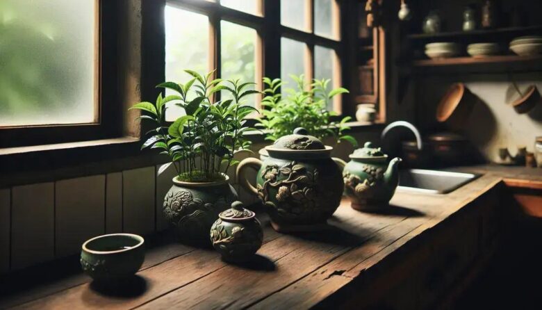 Tea herbs blooms in recycled ceramic pots: sustainable tips